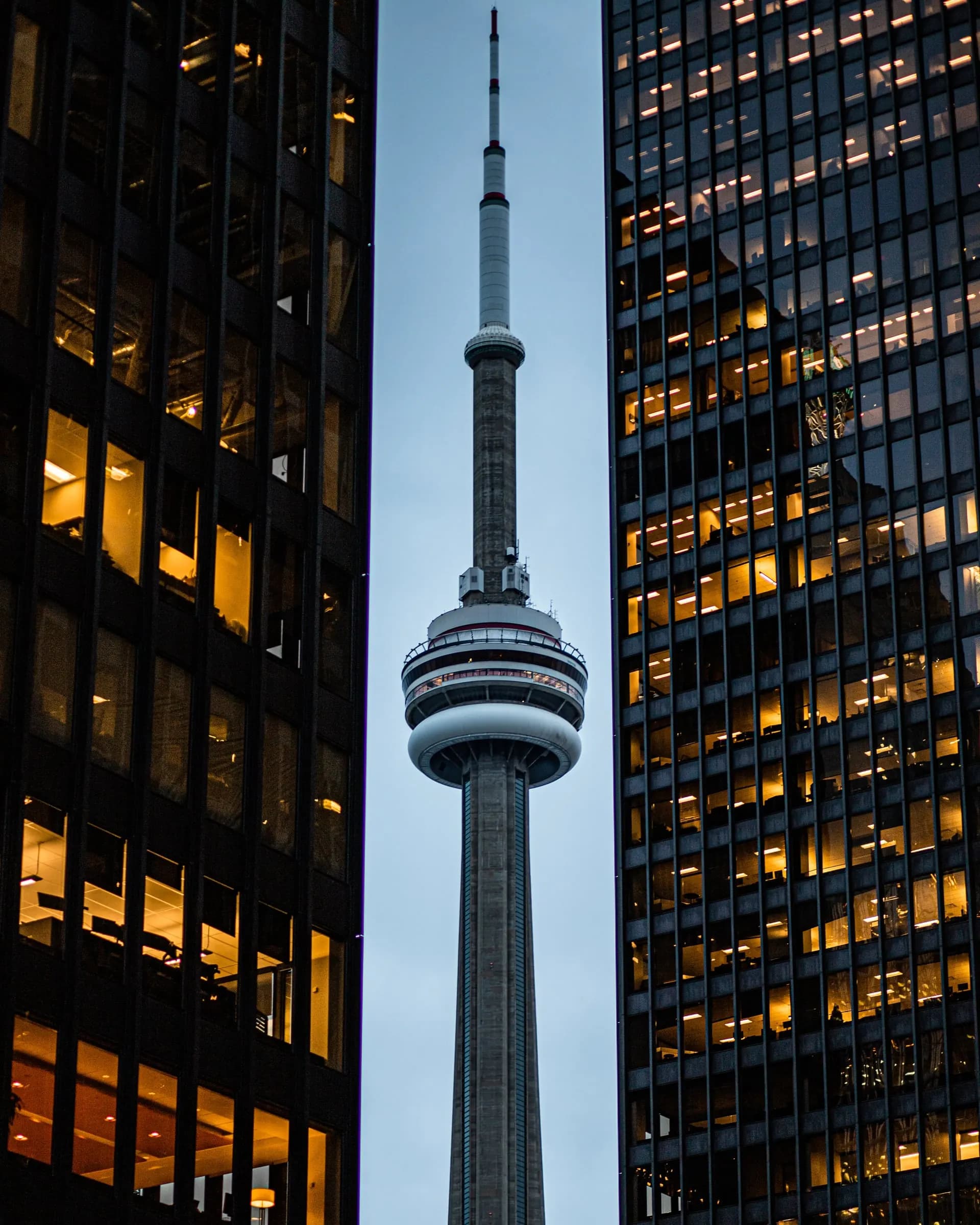 Toronto's CN Tower framed by illuminated office towers